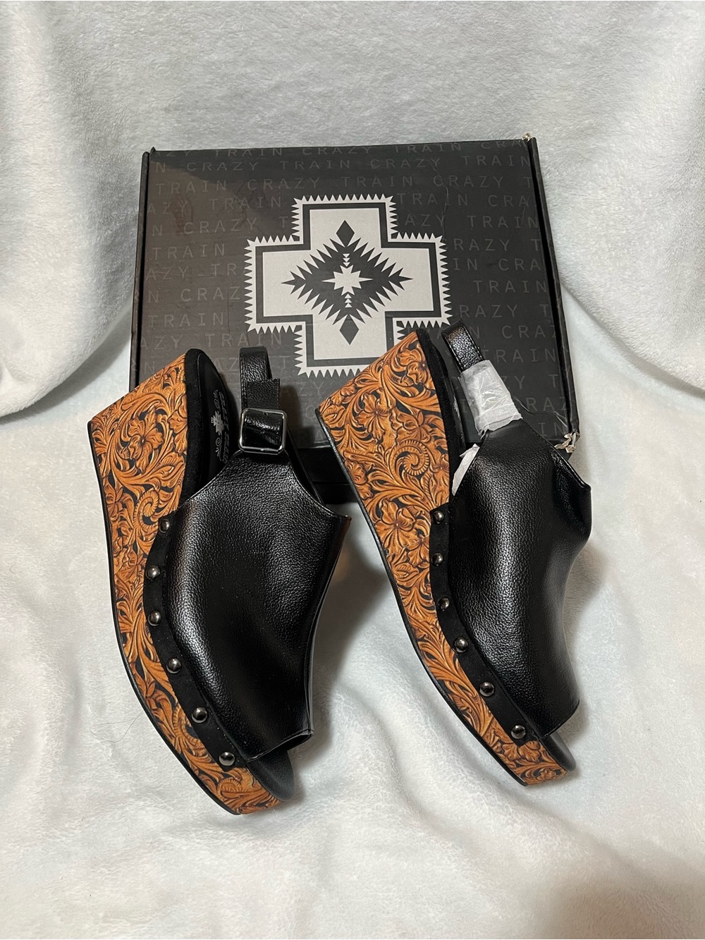 Crazy Train Black Leather Wedge Sandals with Carved Brown Floral Sole